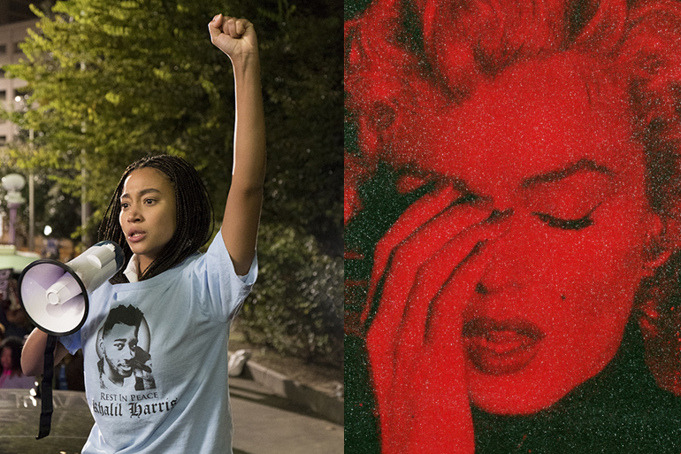 Film still from "The Hate U Give;" Russell Young's "MARILYN CRYING CALIFORNIA - Blind Red-Edition 3/4," Images: Courtesy 20th Century Studios; Courtesy White Room Gallery