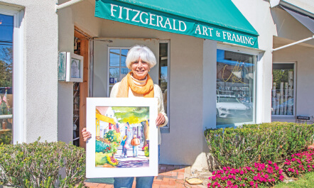Ellen Postrel posing with her art in front of Fitzgerald Gallery, Photo: Barbara Lassen
