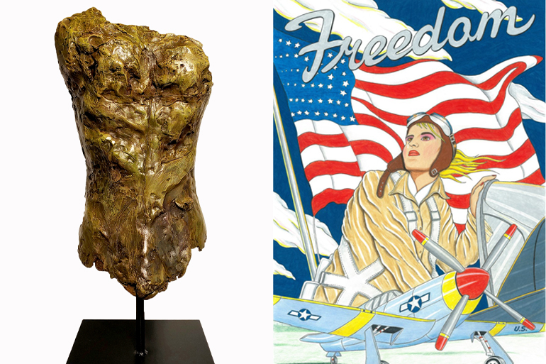 Ed Smith's "Beautiful Torso," on view at BCK Fine Arts Gallery @Montauk; Joe Chierchio's "Freedom," on view at Arthur T. Kalaher Fine Art, Images: Courtesy their respective galleries