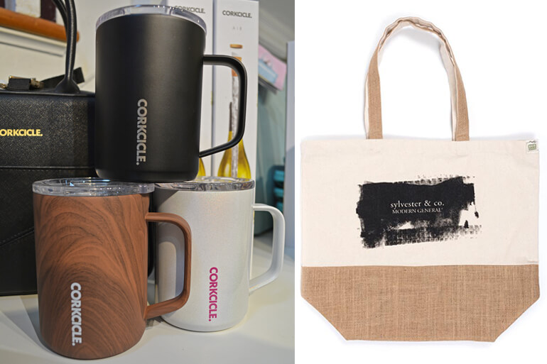 Corkcicle Coffee Mugs at Flying Point Surf; the Sylvester & Co. Modern General Limited-Edition Eco Market Tote, Images: David Taylor; Courtesy Sylvester & Co.