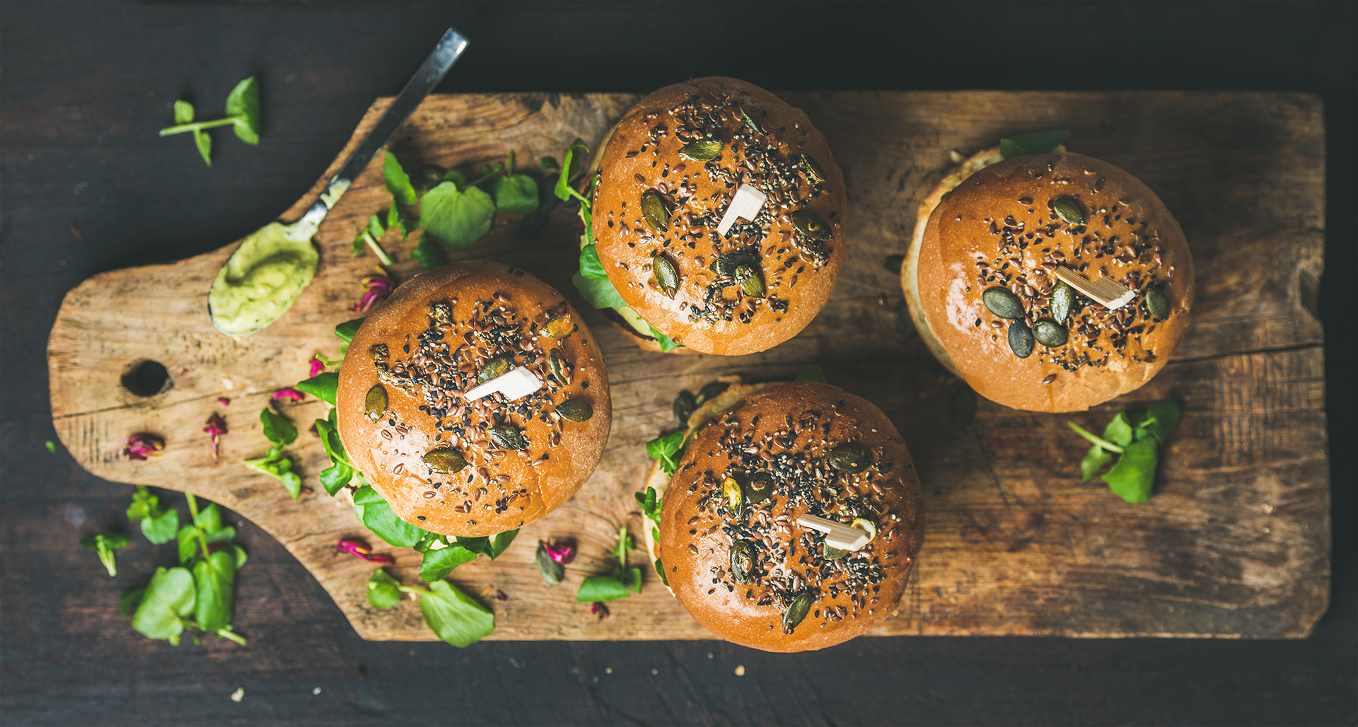 Healthy homemade vegan burger with beetroot-quinoa patty, top view