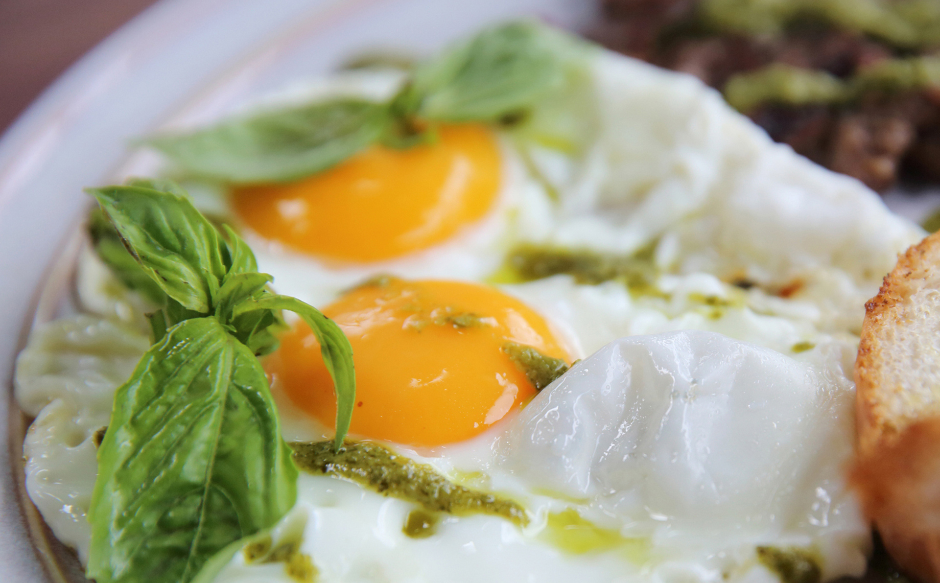 Grilled beef steak with toast , fried egg and vegetables on top with pesto sauce