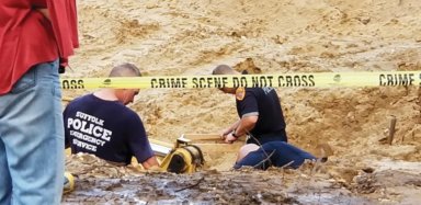 Suffolk County Homicide Squad detectives investigated human remains that were unearthed by construction workers in Shinnecock Hills on Monday, August 13, 2020