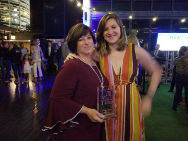 i-tri founder Theresa Roden and her daughter Abby following a reception in Gold Coast, Australia, where she received the Award of Excellence from the International Triathlon Union’s Women’s Committee.