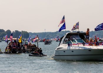 Boats flying Trump 2020 flags for President Donald Trump on Lake Norman near the Trump National Golf Club Charlotte