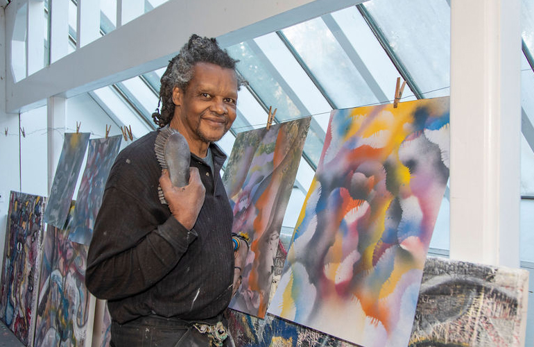 Lonnie Holley in his temporary Elaine de Kooning House art studio