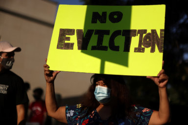 Tenants and housing rights activists protest for a halting of rent payments and mortgage debt, during the coronavirus disease (COVID-19) outbreak