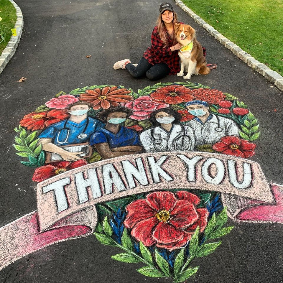 Kara Hoblin chalk art in honor of essential workers