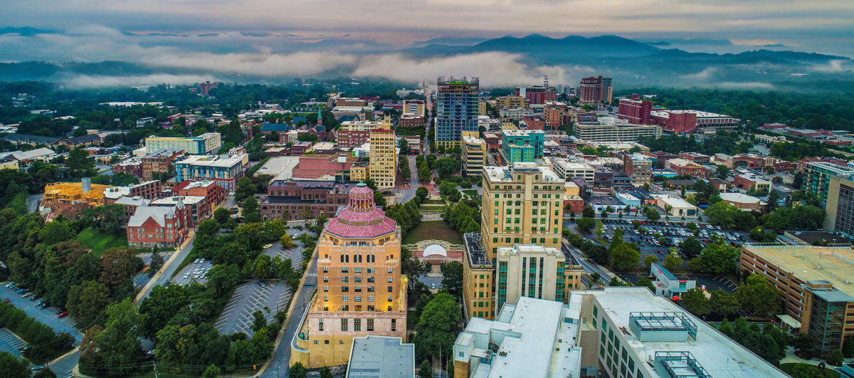 Drone Aerial of Downtown Asheville North Carolina NC Skyline