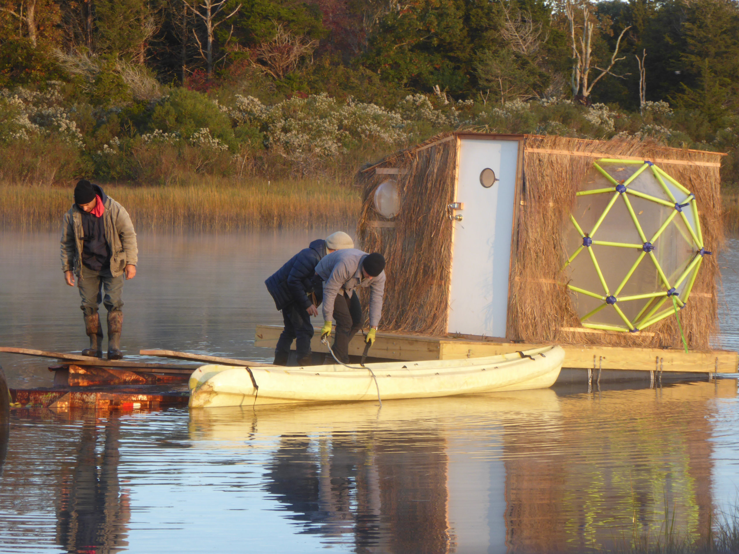 "Bonac Blind" being set afloat on Accabonac Harbor.