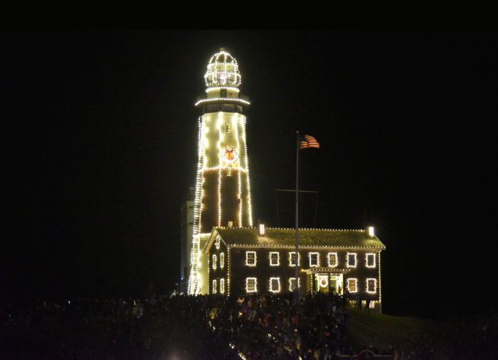 The Montauk Lighthouse lit up for the holidays,