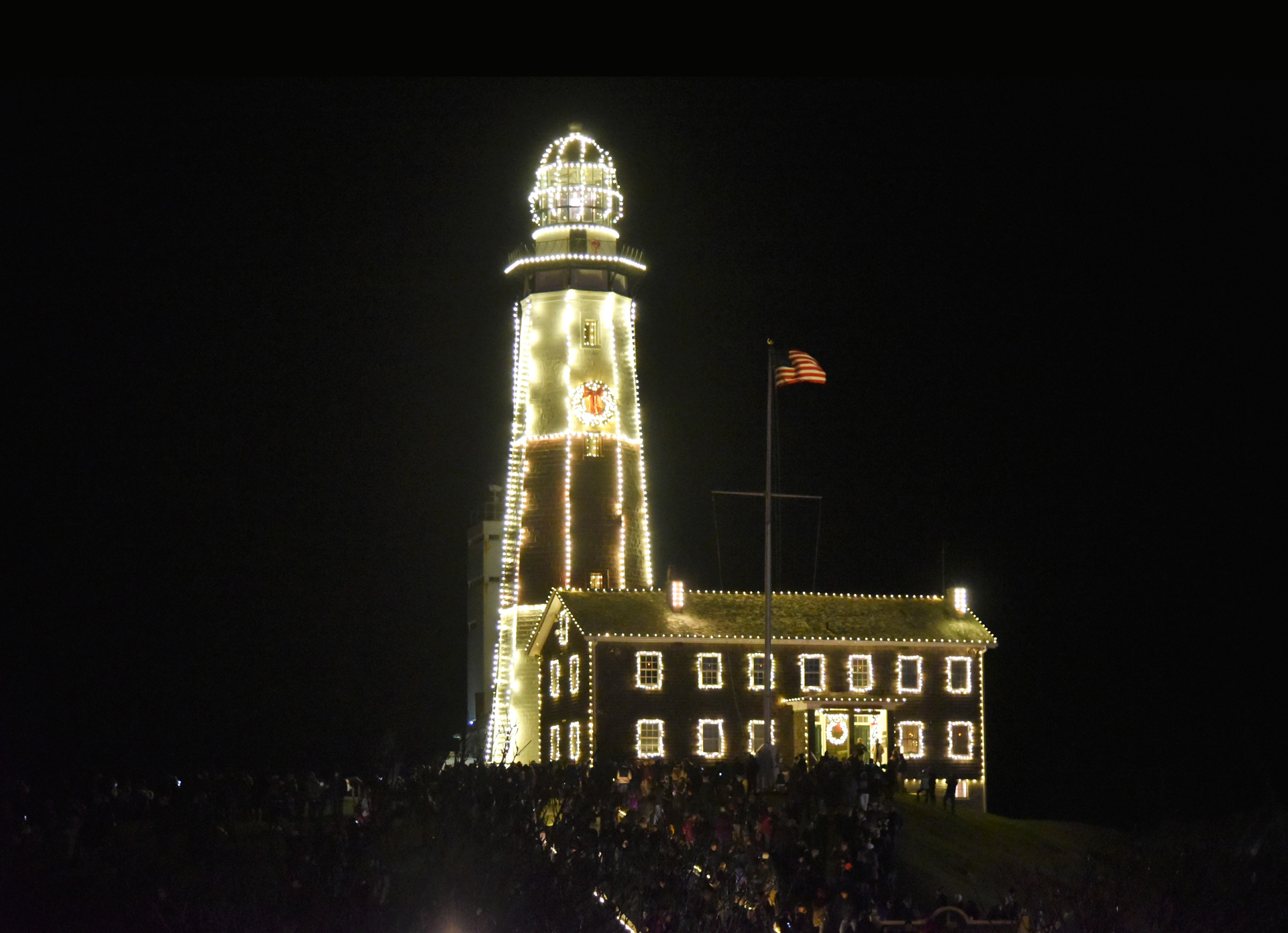 The Montauk Lighthouse lit up for the holidays in the Hamptons