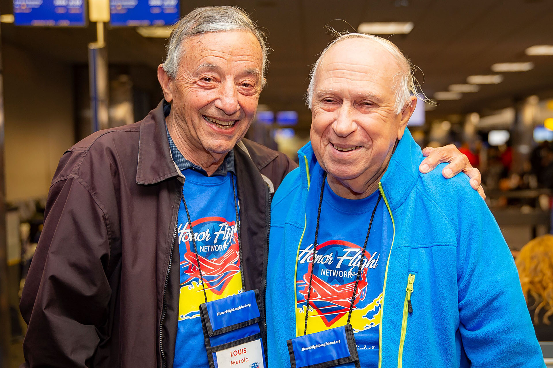 Honor Flight Long Island participants: WWII Army veteran Louis Merola, 93, with Navy veteran Joe Taranto, 88, who served in the Korean War.