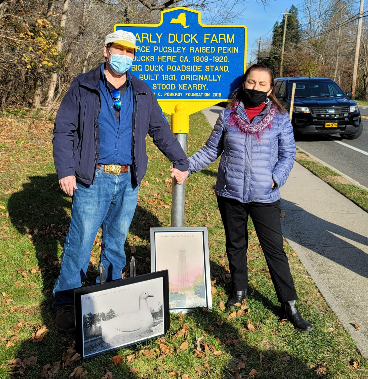 Friends of the Big Duck President Neil Young, and Flanders Village Historical Society Janice Jay Young.