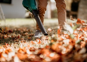 Gardener using leaf blower, vacuum and working in garden