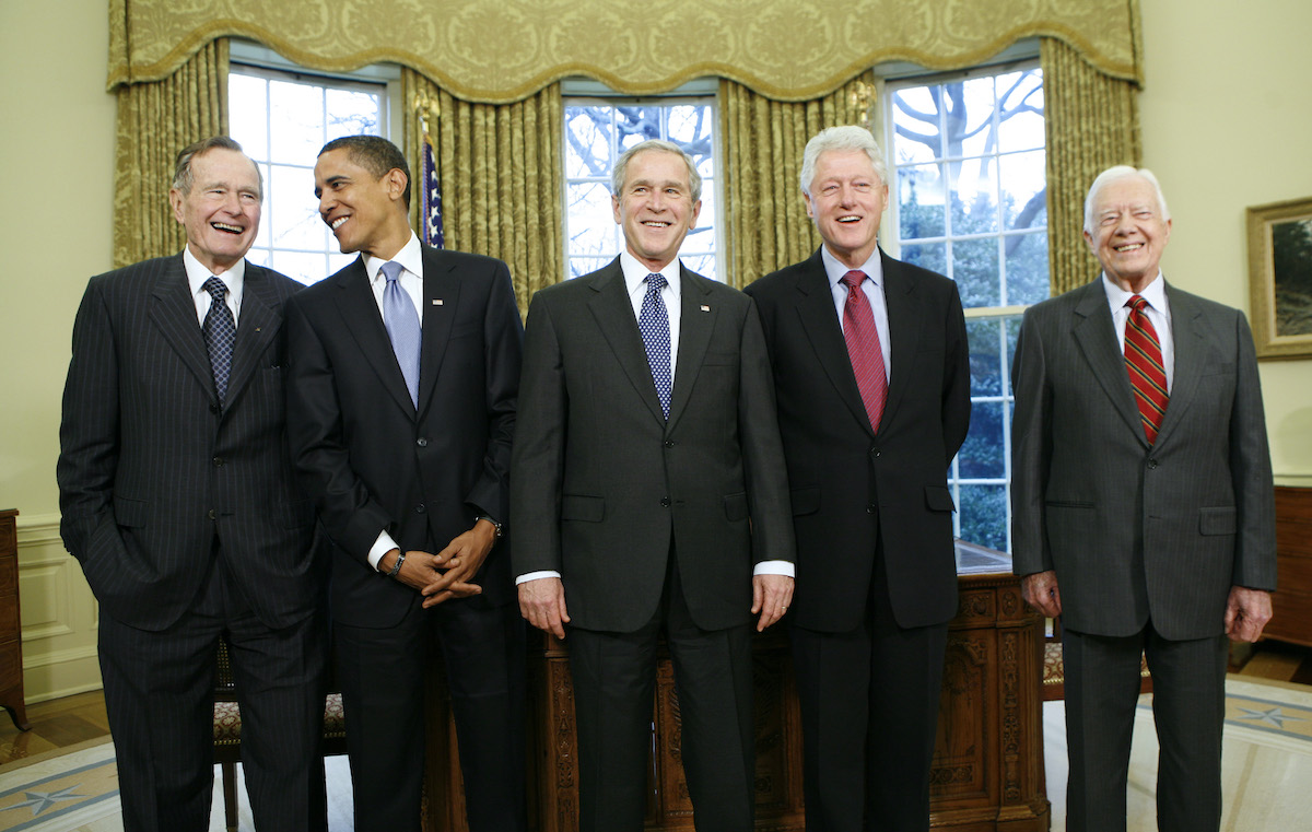U.S. President George W. Bush meets with former Presidents and President-elect Obama in the Oval Office of the White House in Washington