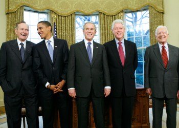 U.S. President George W. Bush meets with former Presidents and President-elect Obama in the Oval Office of the White House in Washington