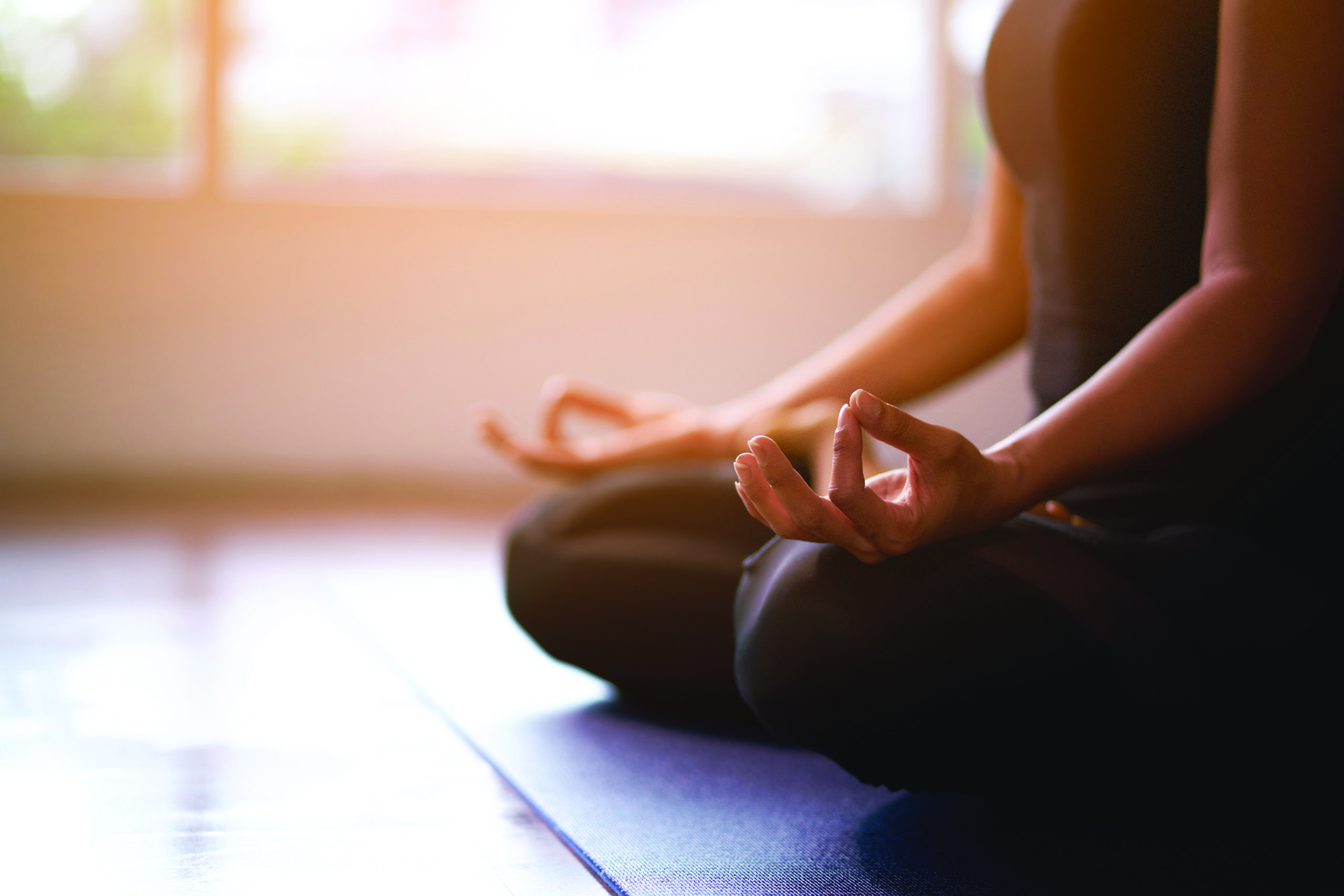 Women in meditation while practicing yoga in a training room. Happy, calm and relaxing.