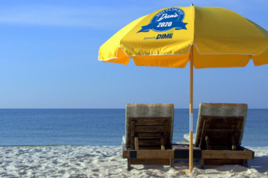 Two Beach Chairs with Yellow Umbrella