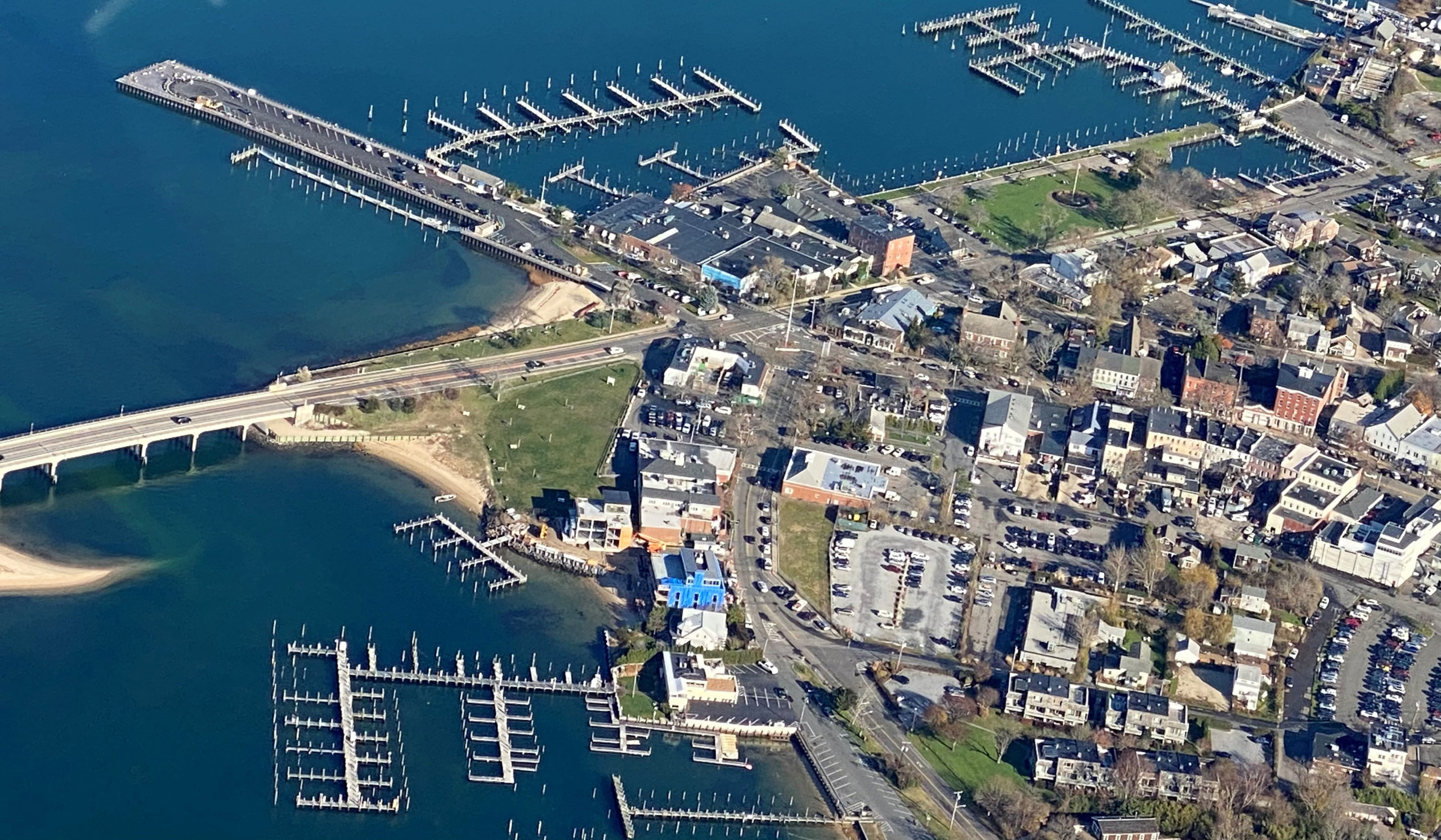 Aerial view of the Sag Harbor waterfront and village