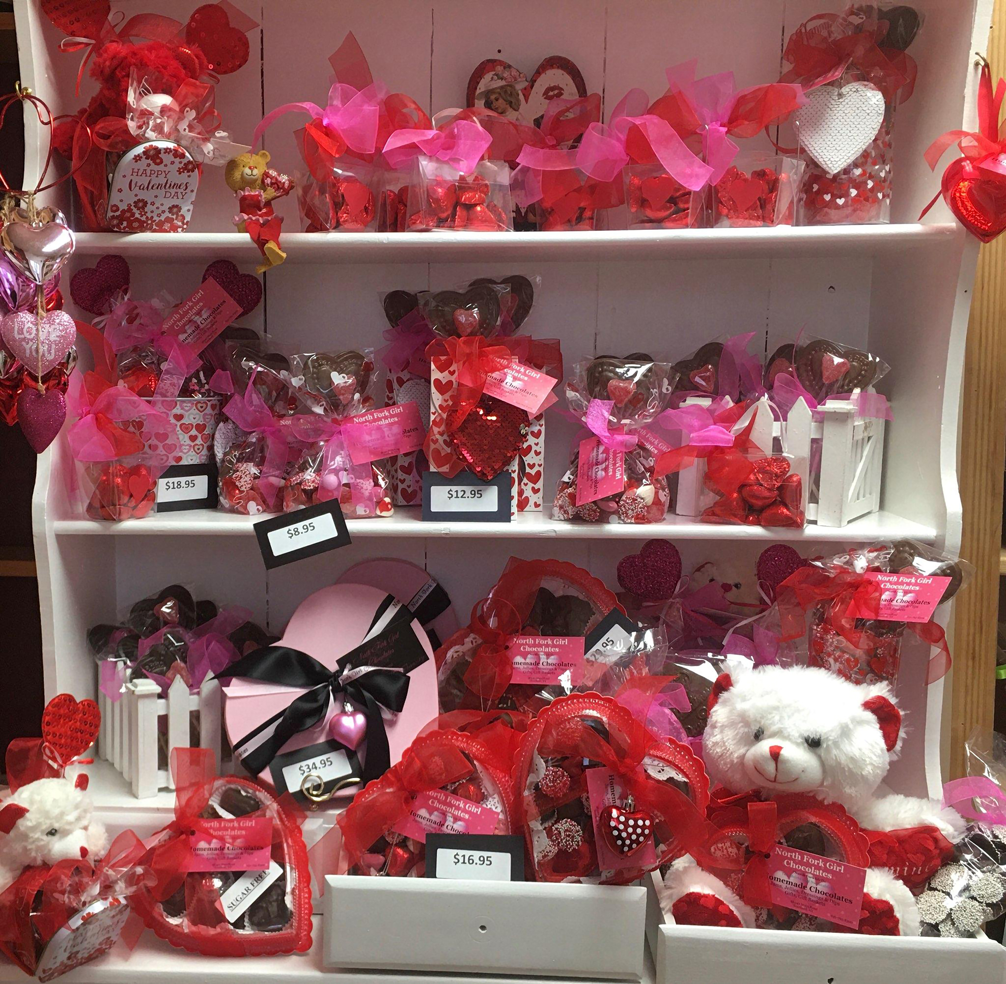 The wide assortment of Valentine's offerings at North Fork Girl Chocolates