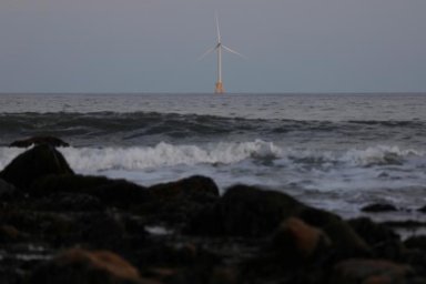 One of the Block Island Wind Farm structures sits in the Atlantic Ocean in New Shoreham, Rhode Island