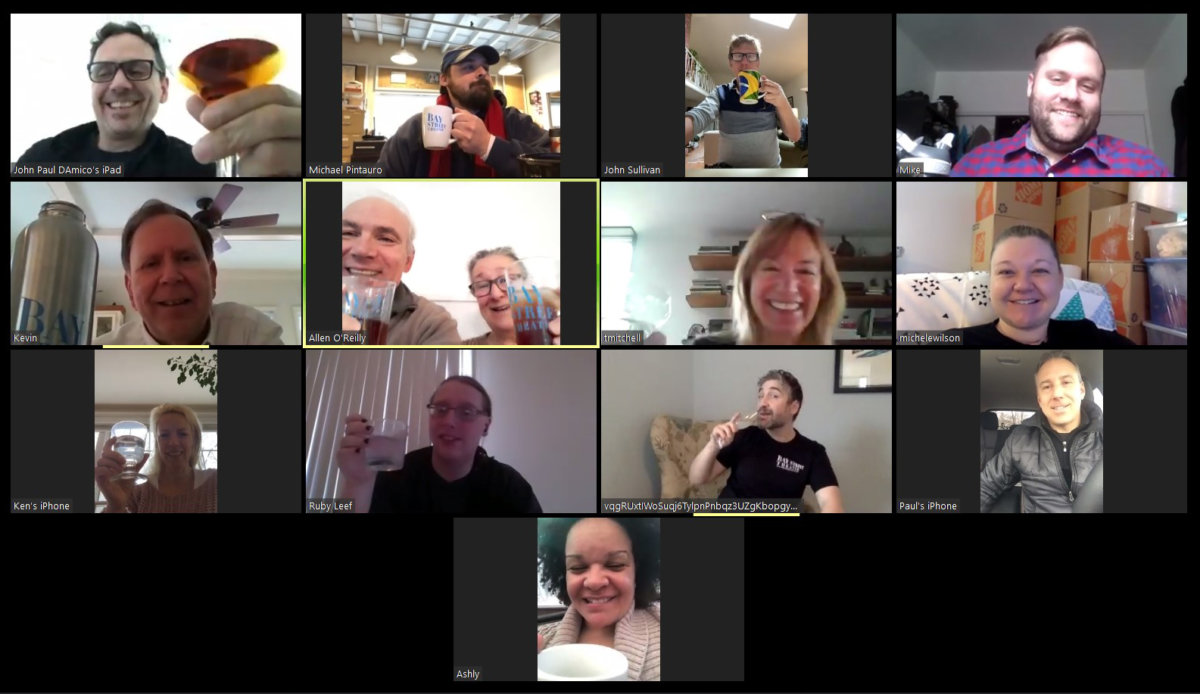 The Bay Street Theater team meeting on Zoom for what would become the weekly community Sip & Sing