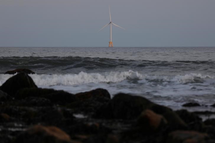 One of the Block Island Wind Farm structures, part of the first commercial offshore wind farm in the United States, located 3.8 miles (6km) from Block Island, sits in the Atlantic Ocean in New Shoreham, Rhode Island, U.S., August 5, 2019