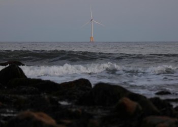 One of the Block Island Wind Farm structures, part of the first commercial offshore wind farm in the United States, located 3.8 miles (6km) from Block Island, sits in the Atlantic Ocean in New Shoreham, Rhode Island, U.S., August 5, 2019