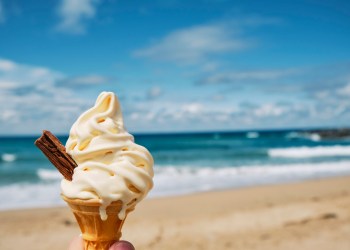 melting Ice cream at Fistral beach, Newquay, Cornwall on a bright sunny June day. Hamptons North Fork