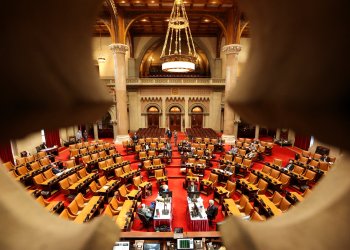 The New York State Legislative Assembly in session at the New York State Capitol, in Albany