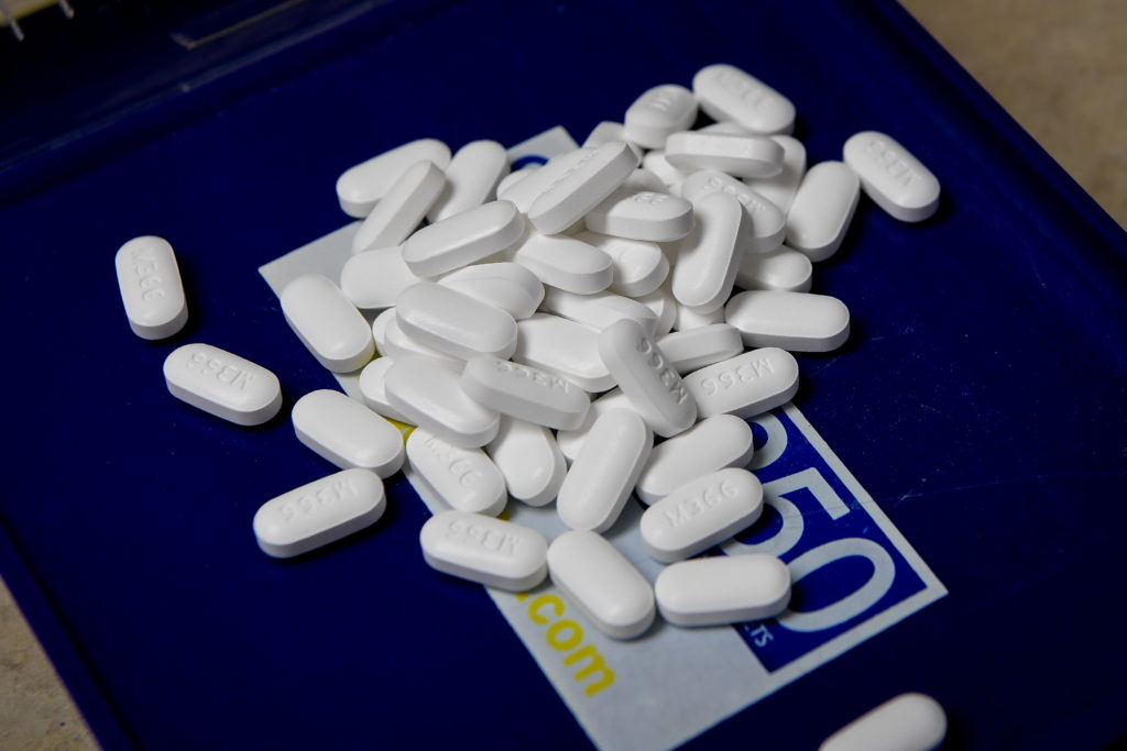 Tablets of the opioid based Hydrocodone at a pharmacy