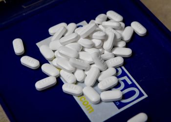 Tablets of the opioid based Hydrocodone at a pharmacy