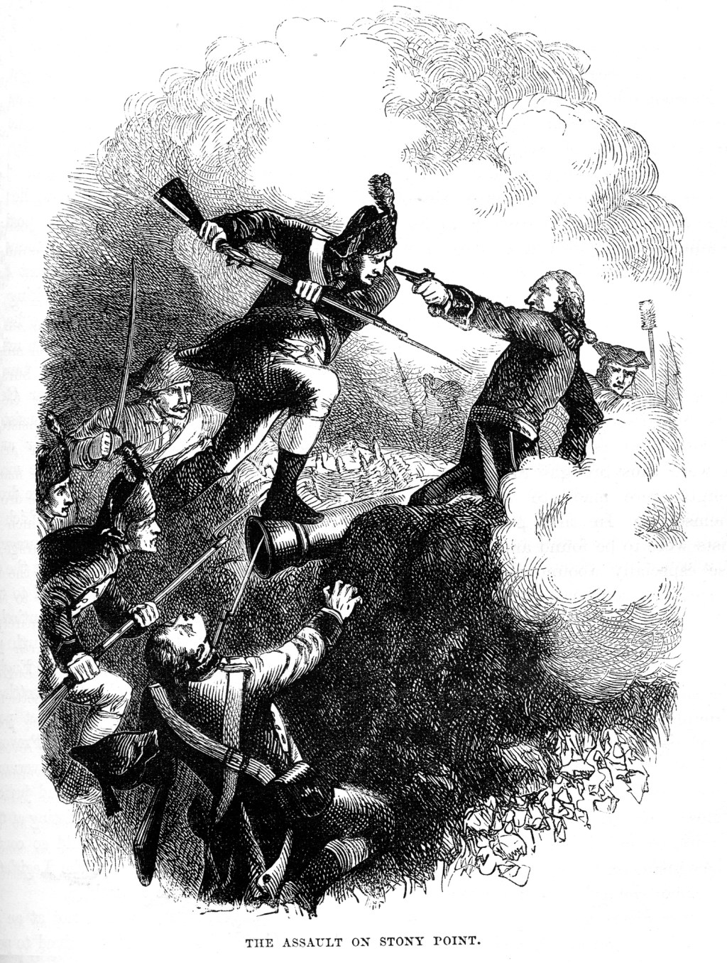 Vintage engraving showing the Assualt of Stony Point During the American Revolution on July 16, 1779. The Battle of Stony Point was an American victory of the American Revolutionary War Bridgehampton Militia