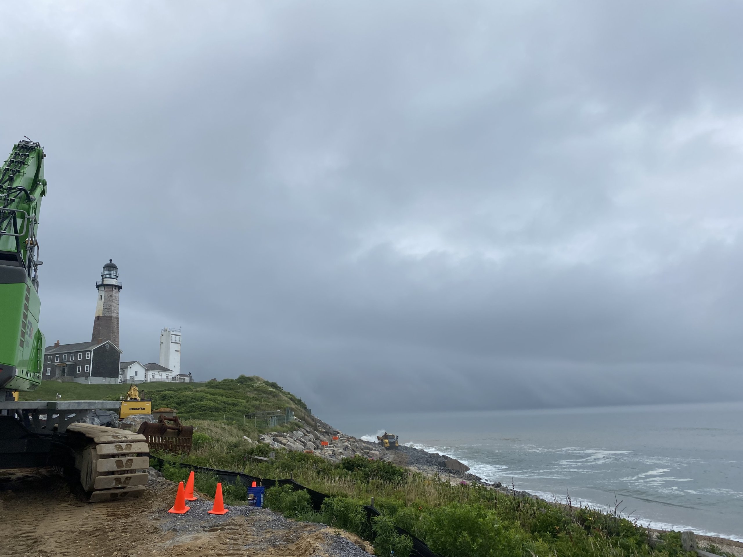 Heavy machinery works at Montauk Lighthouse after Elsa on July 9, 2021. (Whitney Lynn)