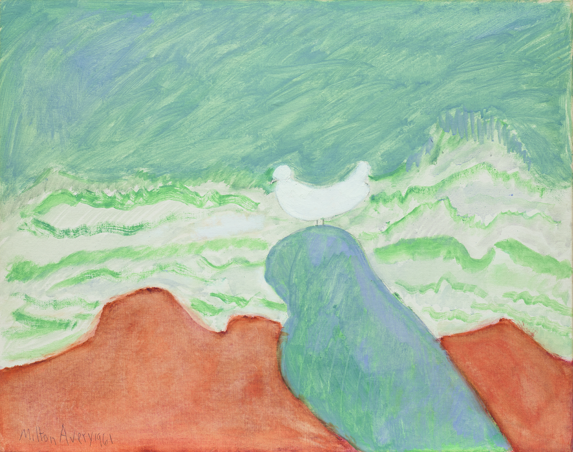 "Bird by Wild Sea" (oil and pencil on canvas board), signed and dated "Milton Avery 1961"