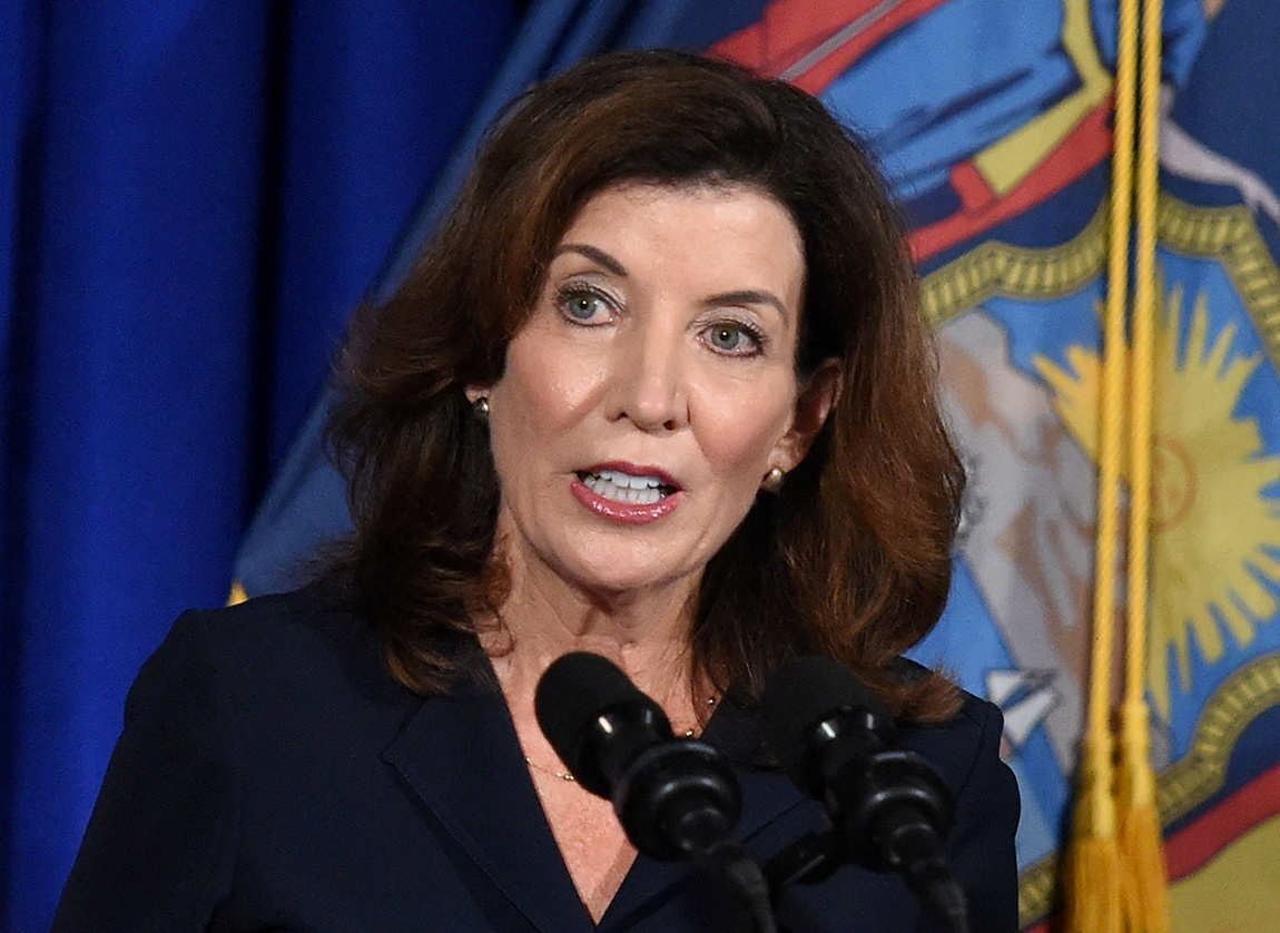Kathy Hochul speaks during a news conference in Albany the day after Governor Andrew Cuomo announced his resignation