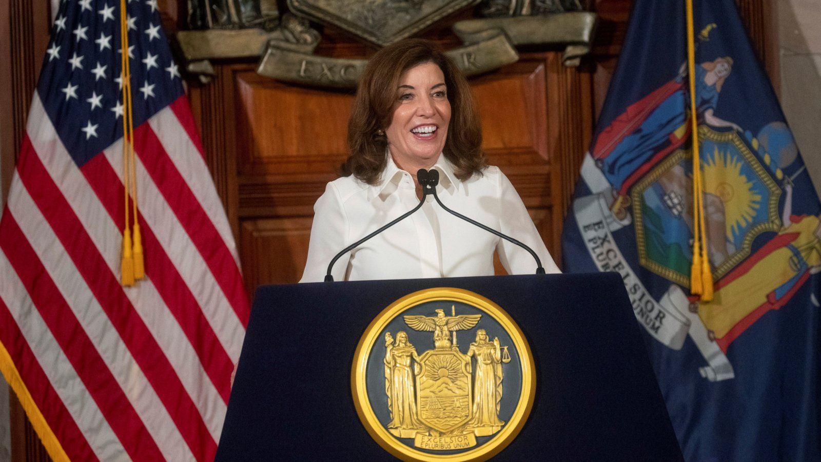 New York Governor Kathy Hochul reacts as she speaks to the media after taking part in a swearing-in ceremony to become New York State's 57th and first woman governor, in the Red Room at the New York State Capitol, in Albany, New York, U.S., August 24, 2021