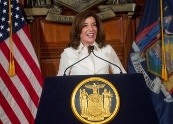 New York Governor Kathy Hochul reacts as she speaks to the media after taking part in a swearing-in ceremony to become New York State's 57th and first woman governor, in the Red Room at the New York State Capitol, in Albany, New York, U.S., August 24, 2021