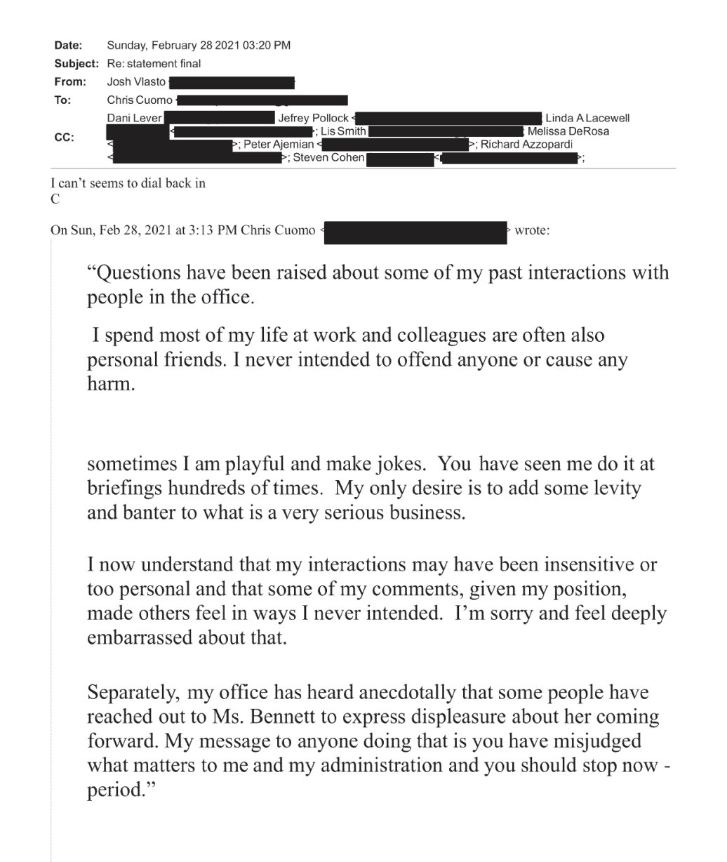 A copy of an email that Chris Cuomo wrote was seized as a a part of the probe. (Credit: New York State Attorney General's office)