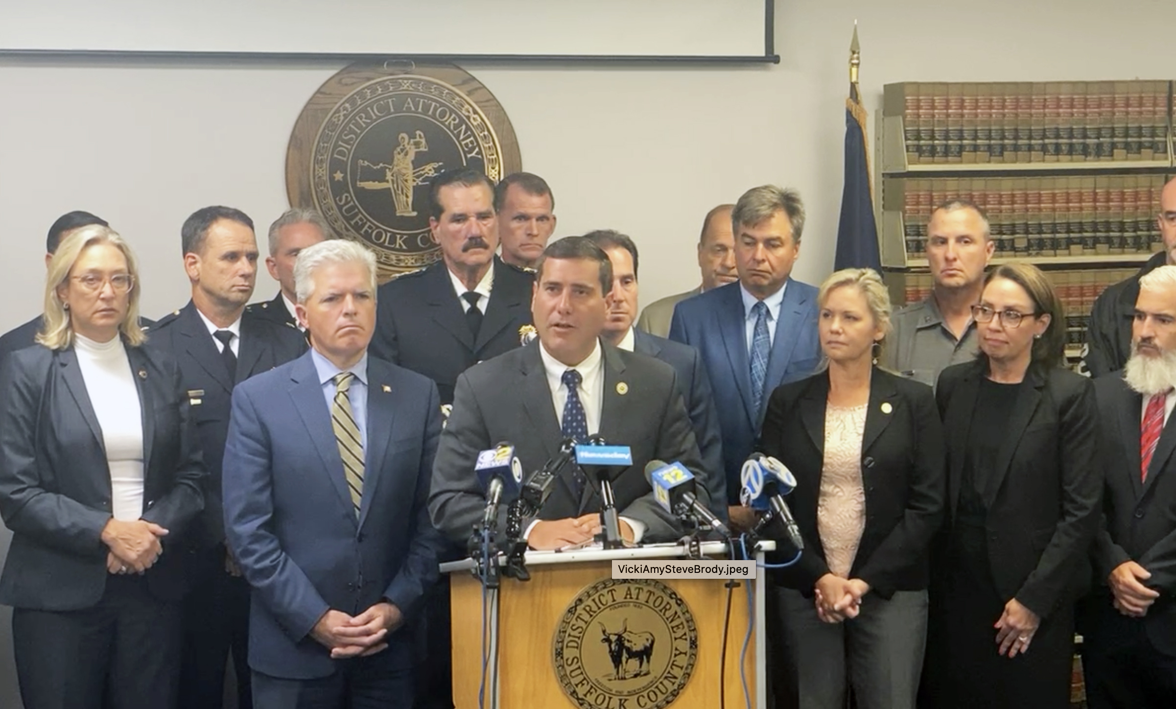 Suffolk County DA Timothy Sini and other officials at Thursday's press conference about the fentanyl-lace cocaine overdose arrests