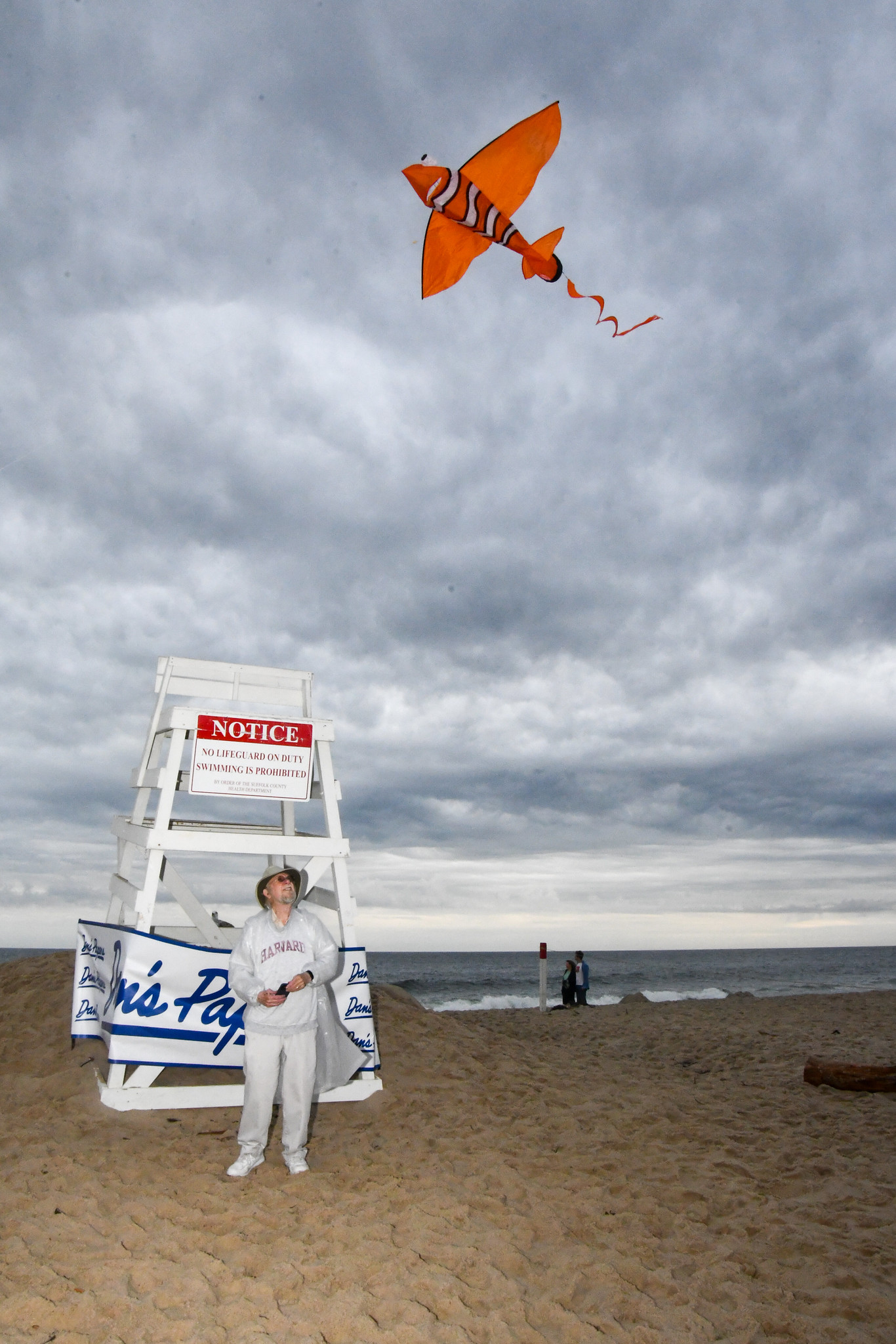 Dan Rattiner at the Sagg Beach Kite Flying Contest with stormy skies but no rain.