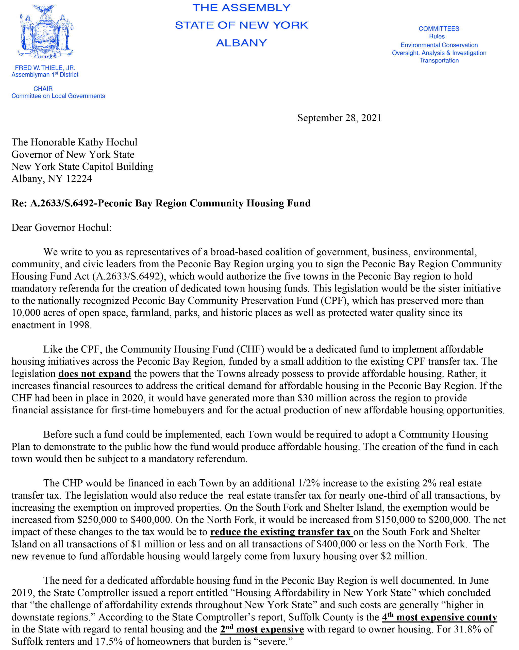 A.2633 Community Housing Fund letter to Governor Hochul from NY State Assemblyman Fred Thiele's office to further affordable housing goals in the region