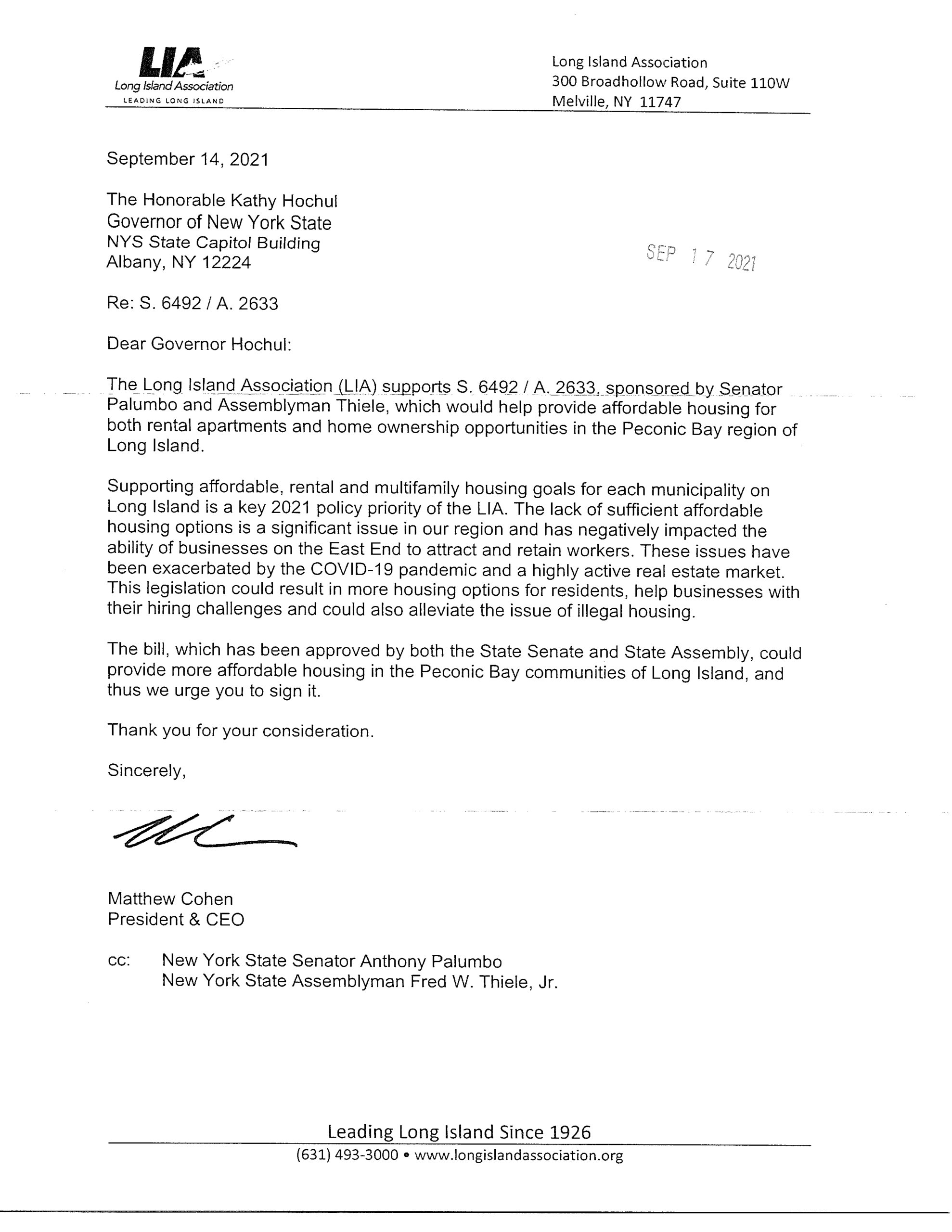 Long Island Association letter of support for Community Housing Fund to create affordable housing opportunities in the region