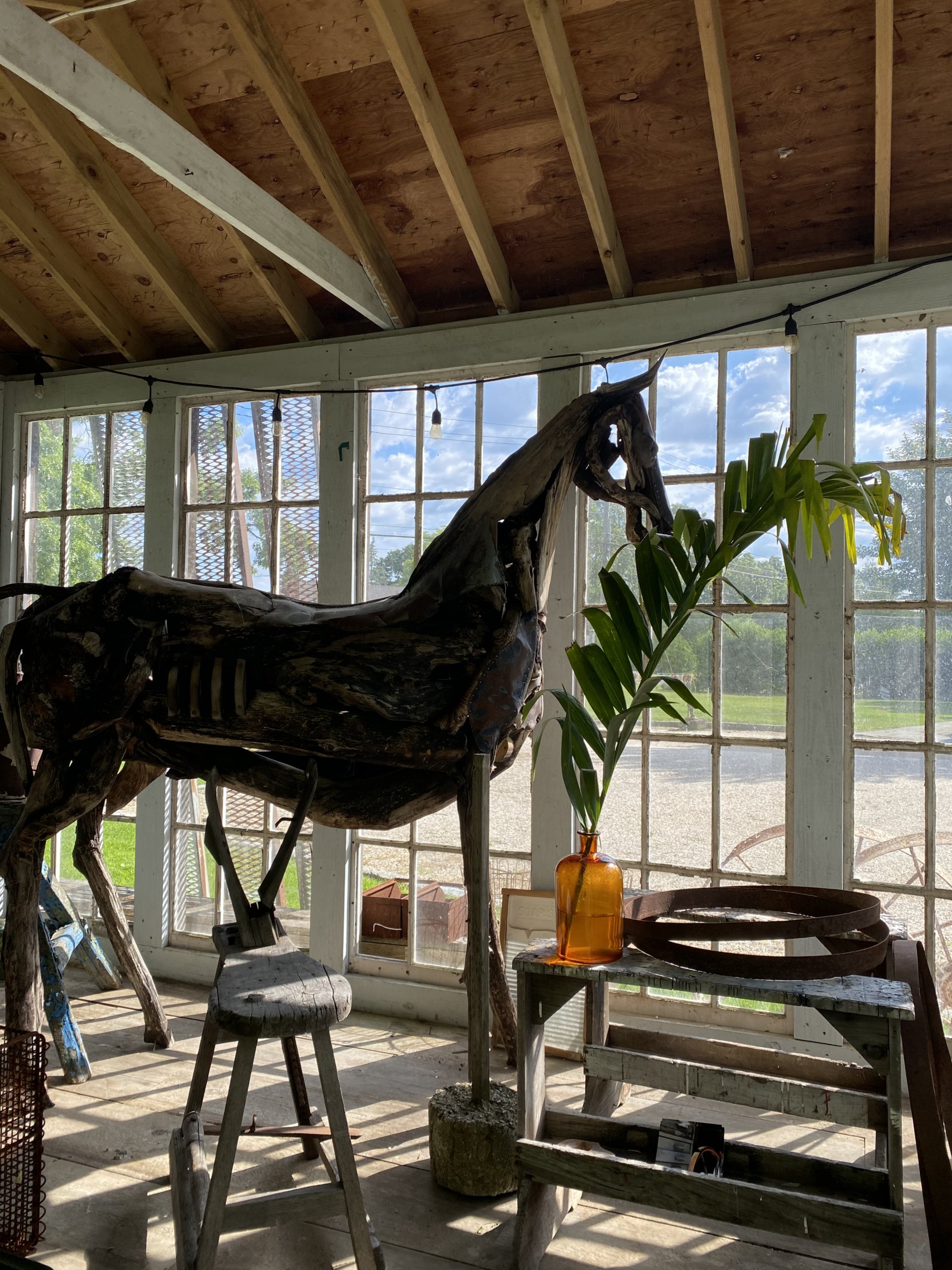 Franco Cuttica's horse sculpture in the glass shed at William Ris Gallery