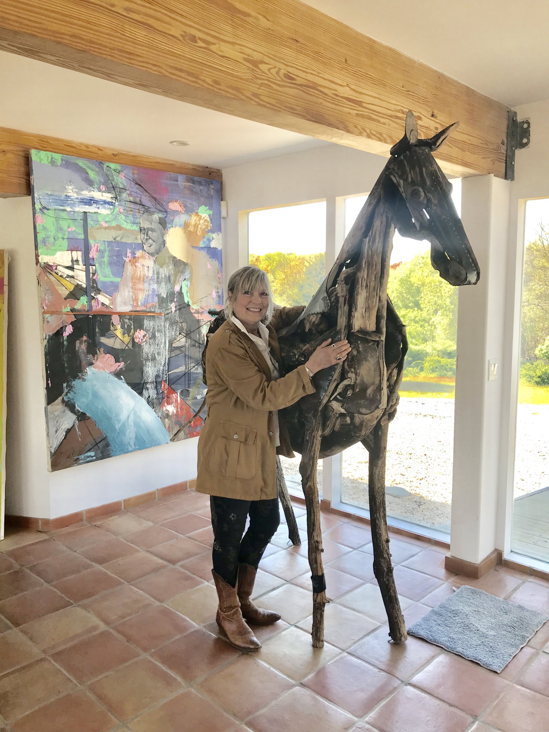 Mary Cantone with Franco Cuttica's horse sculpture