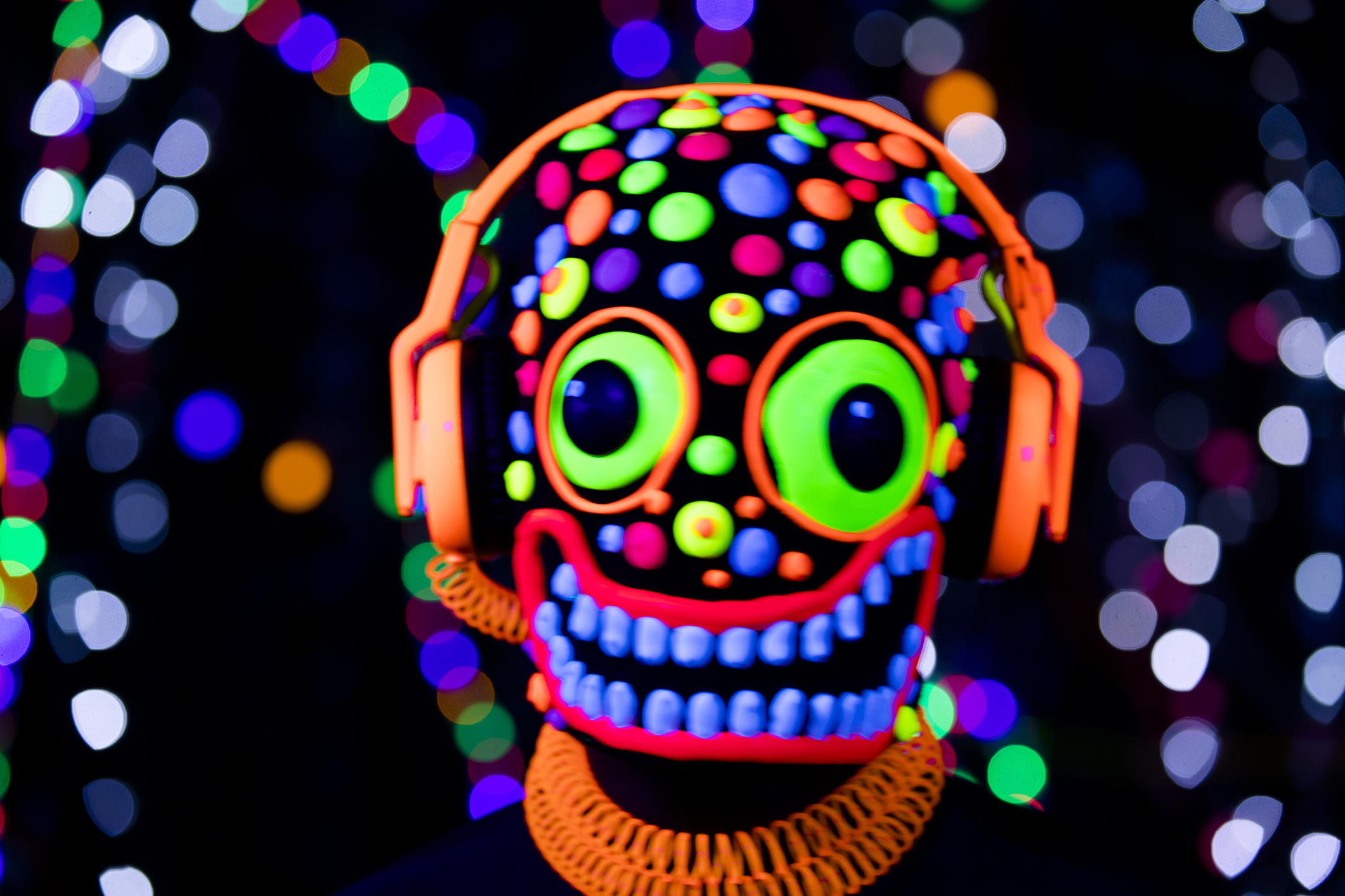 freaky monster UV fluorescent scary mask with headphones for Halloween silent disco