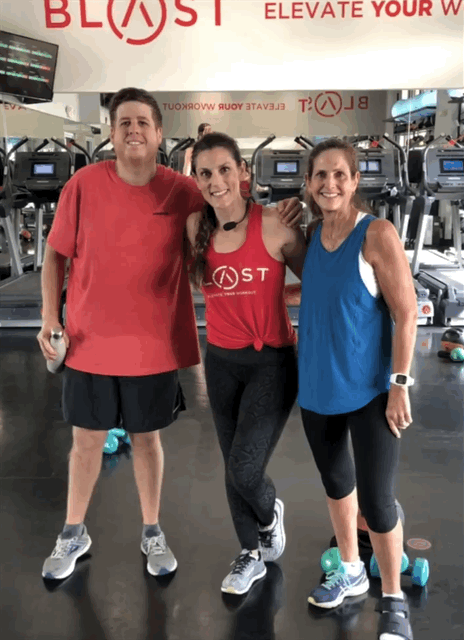 Michael Feuer, Bri Sexton and Laura Hadland Feuer staying fit at blast class