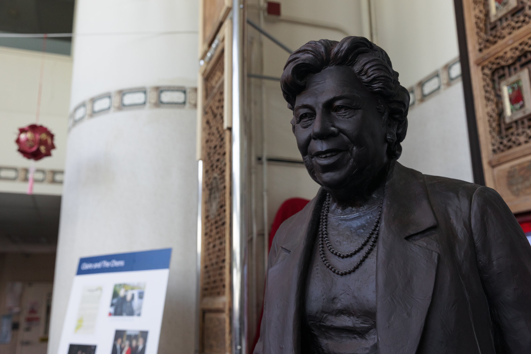 A newly unveiled statue of former Queens Borough President Claire Shulman stands temporarily at Crystal Windows Headquarters on Thursday, Oct. 7, 2021.