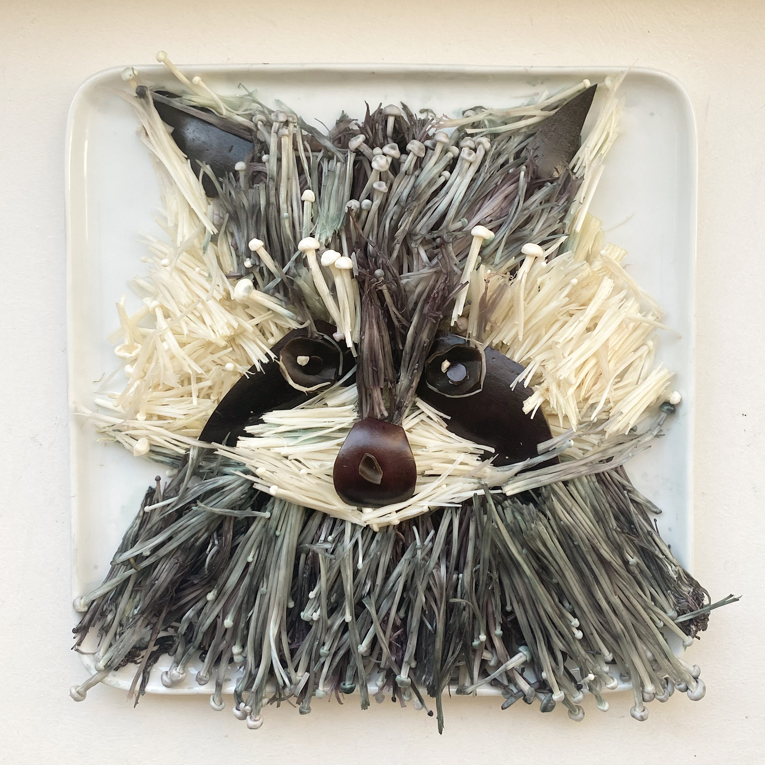 Raccoon – white enoki mushrooms, grey dyed enoki mushrooms, wood ear mushrooms, eggplant, and turnip by Harley Langberg